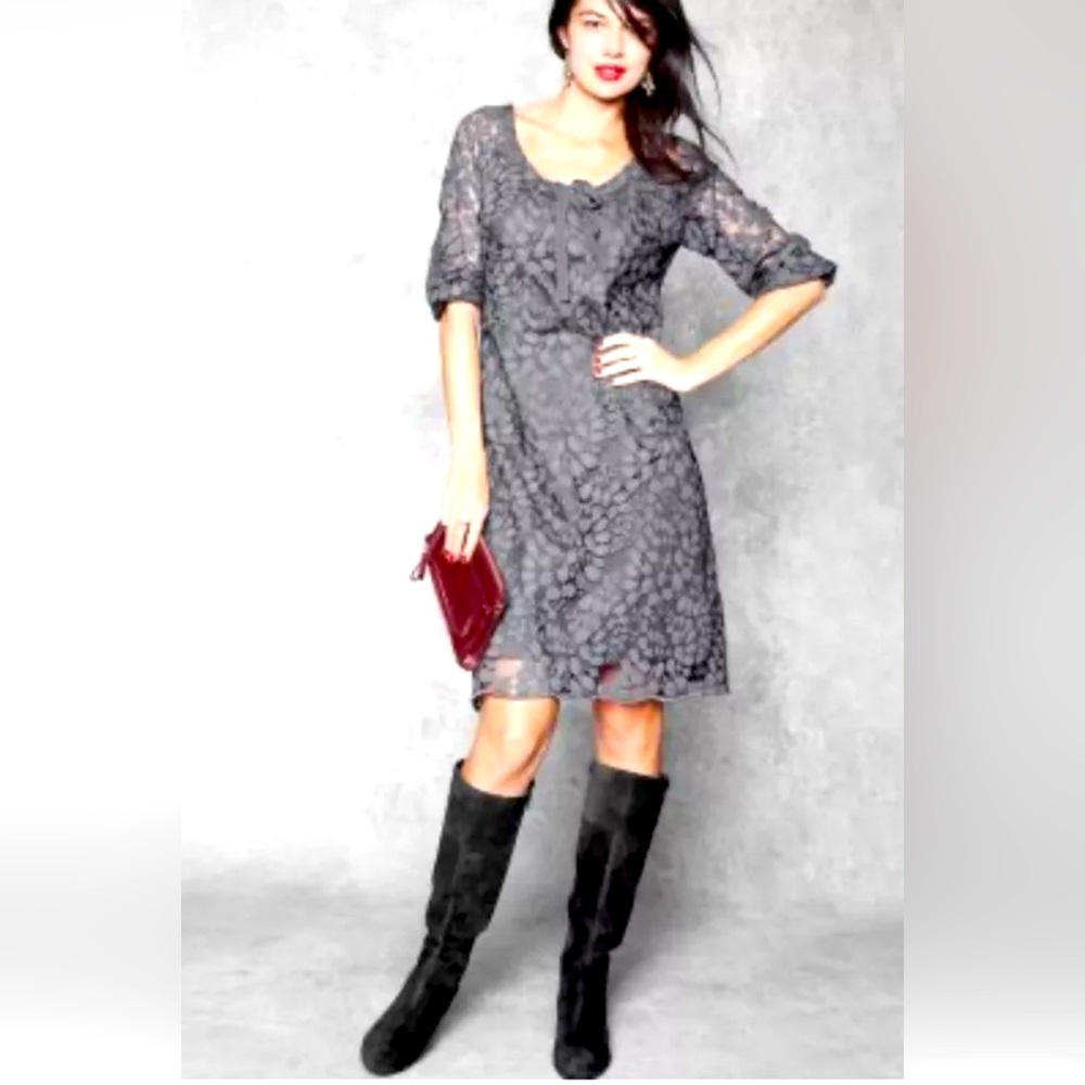 Garnet Hill Bohme Easy Lace Gray Dress 3/4 Sleeve Elastic Cuff Sz 8